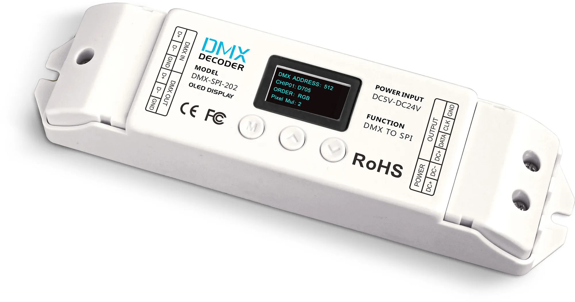 DMX to SPI Converter, OLED Display, 5/12/24V DC
